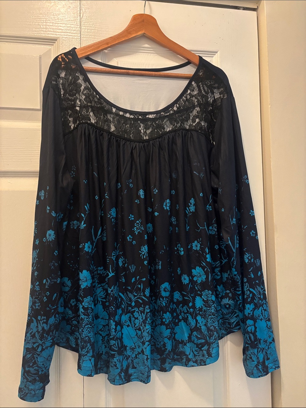 Floral Flowy Tunic Lace Trim Babydoll Top Emerald Green & Black